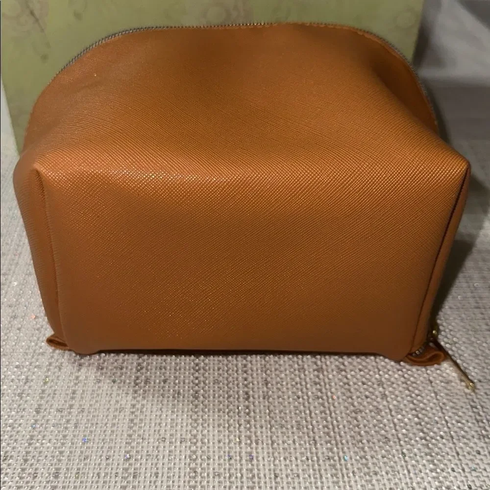 MoroccanOil Camel Brown Cube Shaped Zip Faux Leather Cosmetic Makeup Travel Bag